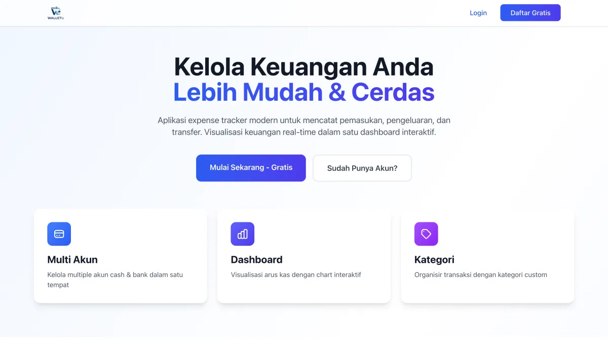 Antarmuka aplikasi web pencatat keuangan WalletIs